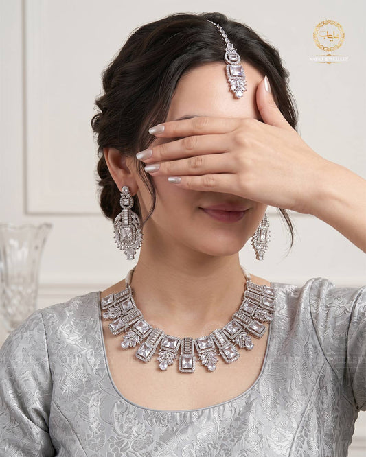 Saqure Stones Zirconia Necklace set with Tika-2178-Silver