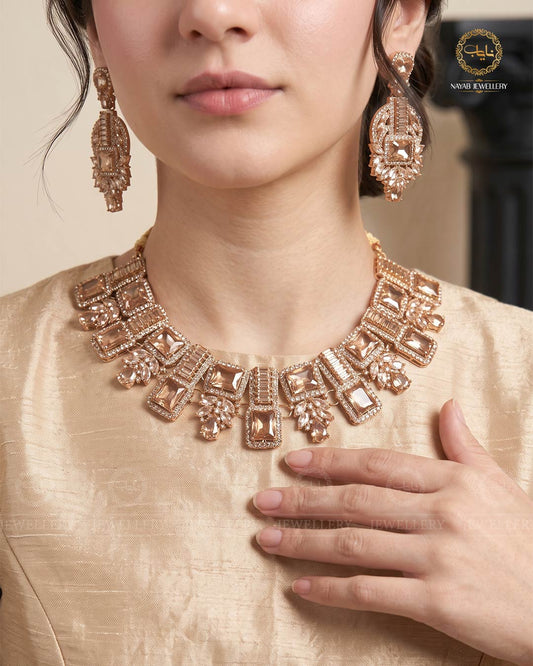 Saqure Stones Zirconia Necklace set with Tika-2178-Golden