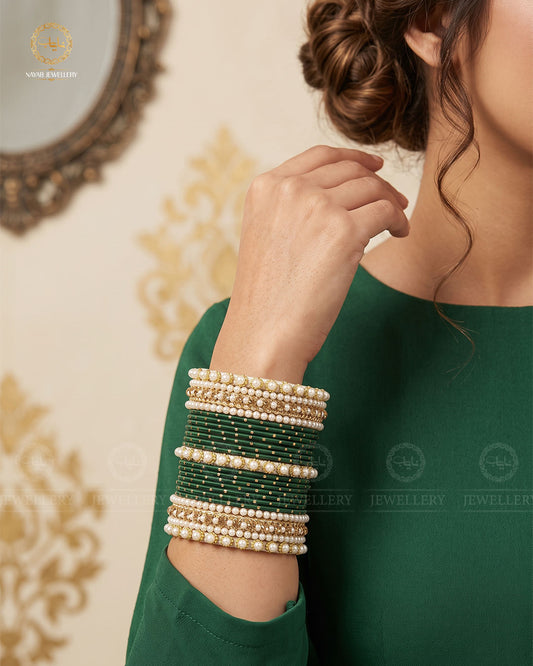 Bridal Pearl Rhinestone Dotted Bangles Set-2705