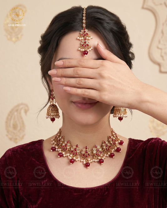 Royal Flexible choker Necklace set with jhumki tika-2236-Golden
