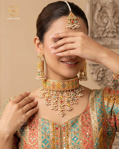 Thappa kundan Collar Set with Jhumka Tika-2831