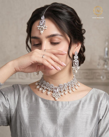 Egyptian Flexible choker Necklace set with tika-2237-Silver