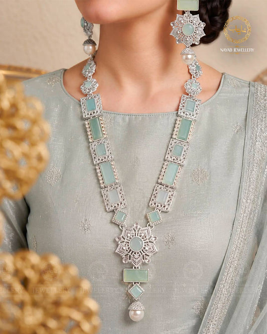 Silver Star Fancy Mala Set with Earrings NJ-1557-Silver