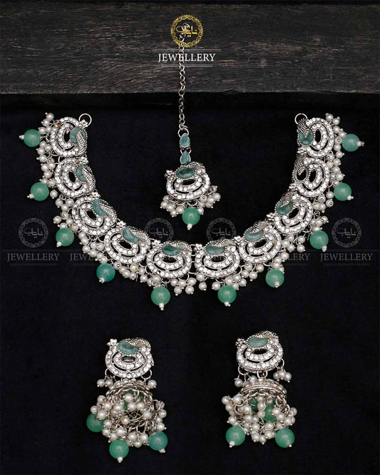 Lubaba  Necklace set with Jhumki tika N-1018-Silver
