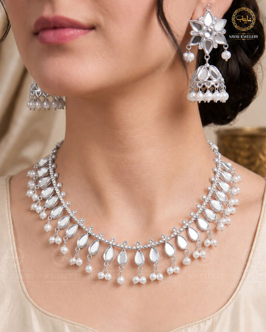 Kundan Mirror Chokar NJ-1294 -Silver